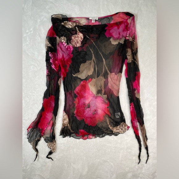 Womens Cache Medium Y2K Black Pink Floral silk Cowl Neck Fairycore whimsical top - Picture 2 of 13